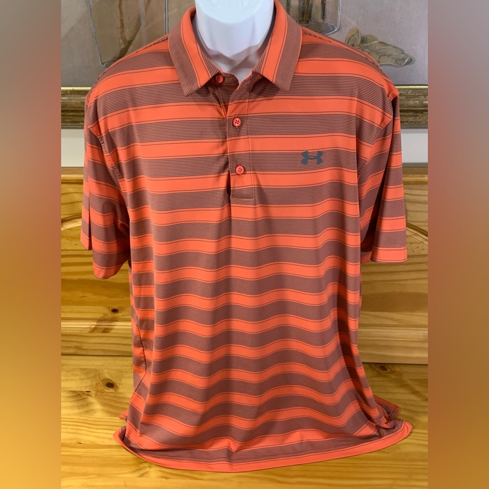 Under Armour Mens Polo Golf Shirt XL Gray Orange Stripe Loose fit Heat Gear EUC